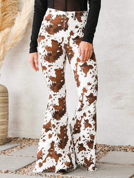 Comfortable Cow Print Wide-Leg Jeans