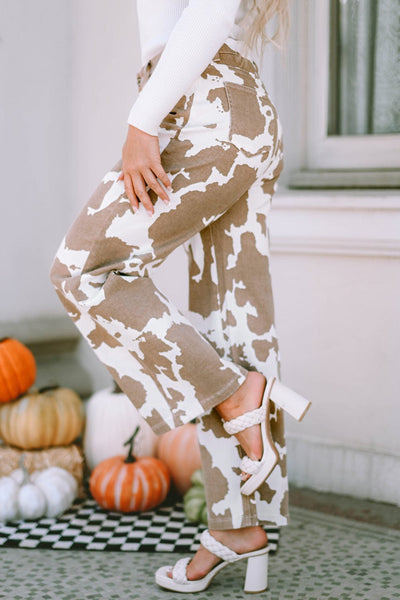 Versatile Cow Print Flared Pants
