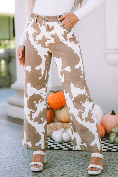 Versatile Cow Print Flared Pants