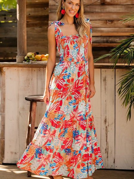 Elegant Vintage Print Swing Dress with V-Neck Sling