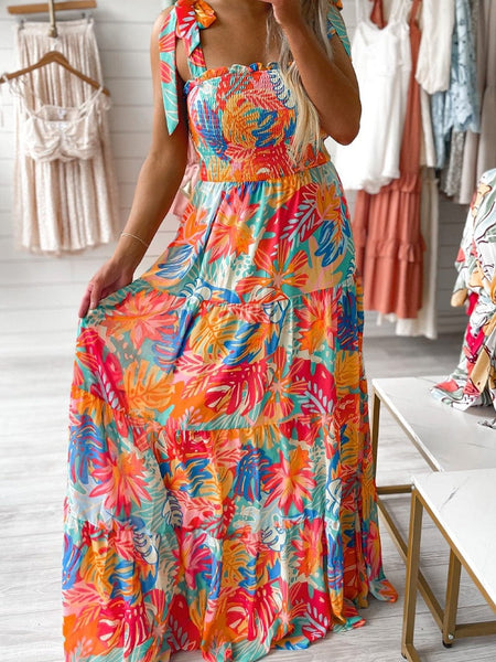 Elegant Vintage Print Swing Dress with V-Neck Sling