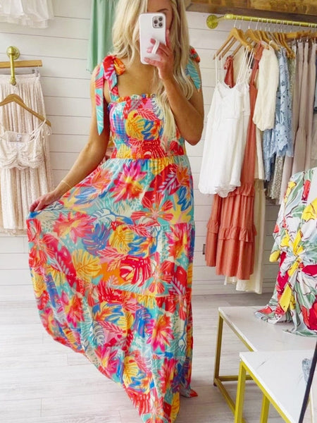 Elegant Vintage Print Swing Dress with V-Neck Sling