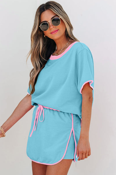 Women's Turquoise Cotton-Blend Skort Set with Pink Contrast Trim