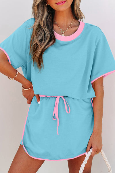 Women's Turquoise Cotton-Blend Skort Set with Pink Contrast Trim