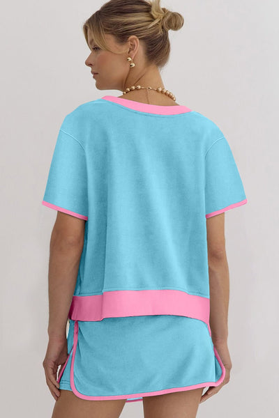 Women's Turquoise Cotton-Blend Skort Set with Pink Contrast Trim
