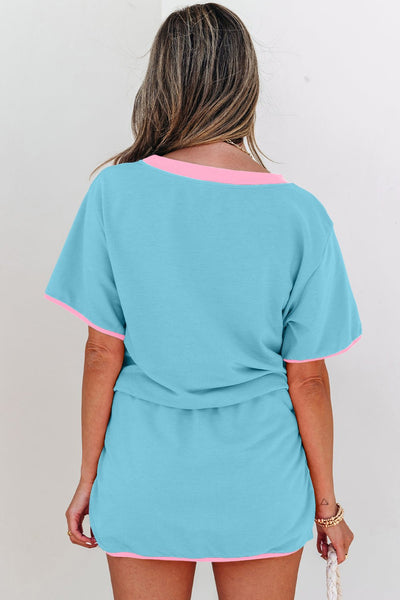 Women's Turquoise Cotton-Blend Skort Set with Pink Contrast Trim