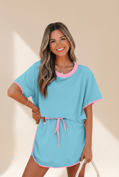 Women's Turquoise Cotton-Blend Skort Set with Pink Contrast Trim