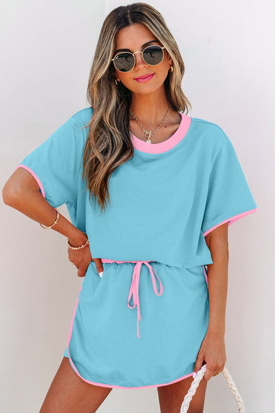 Women's Turquoise Cotton-Blend Skort Set with Pink Contrast Trim