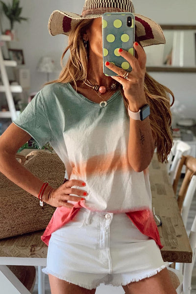 Turtle Print V-Neck Short Sleeve T-Shirt - Drop Shoulder - Closed - Bracelet