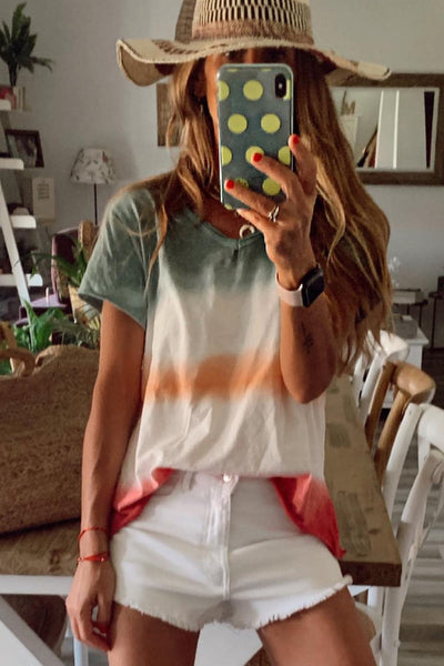 Turtle Print V-Neck Short Sleeve T-Shirt - Drop Shoulder - Closed - Bracelet