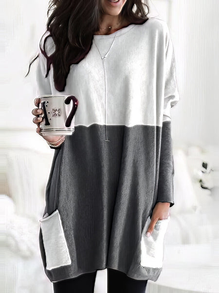 Two-Color Stitching Pocket Loose Long Sleeve T-Shirt