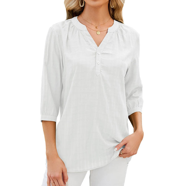 V-neck buttoned quarter-sleeve loose T-shirt top