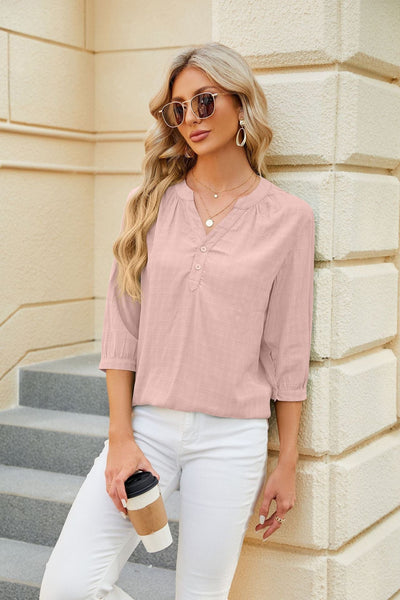 V-neck buttoned quarter-sleeve loose T-shirt top