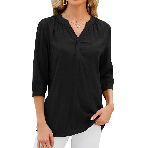 V-neck buttoned quarter-sleeve loose T-shirt top