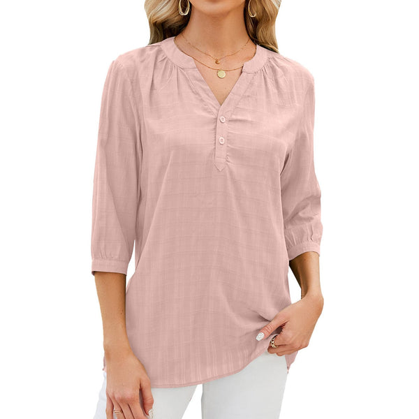 V-neck buttoned quarter-sleeve loose T-shirt top