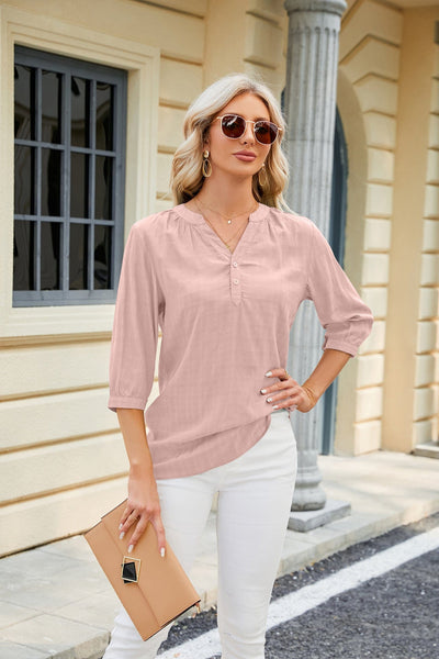 V-neck buttoned quarter-sleeve loose T-shirt top