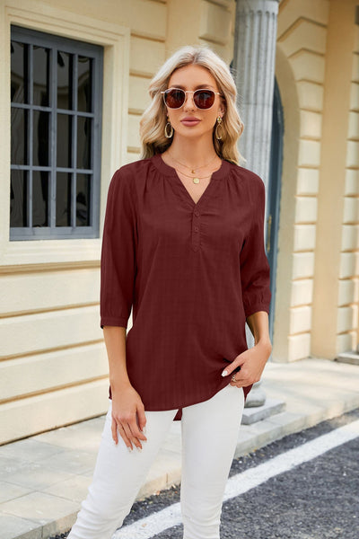 V-neck buttoned quarter-sleeve loose T-shirt top