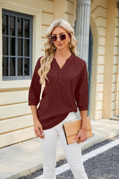 V-neck buttoned quarter-sleeve loose T-shirt top