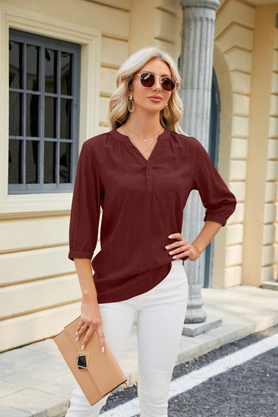 V-neck buttoned quarter-sleeve loose T-shirt top