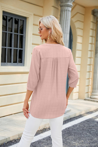V-neck buttoned quarter-sleeve loose T-shirt top