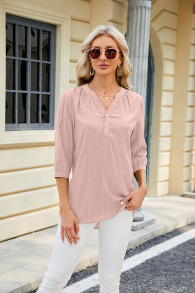 V-neck buttoned quarter-sleeve loose T-shirt top