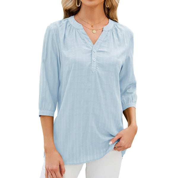 V-neck buttoned quarter-sleeve loose T-shirt top