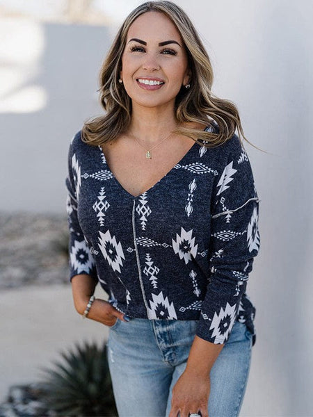 Printed Slim V-Neck Buttoned Long Sleeve Blouse