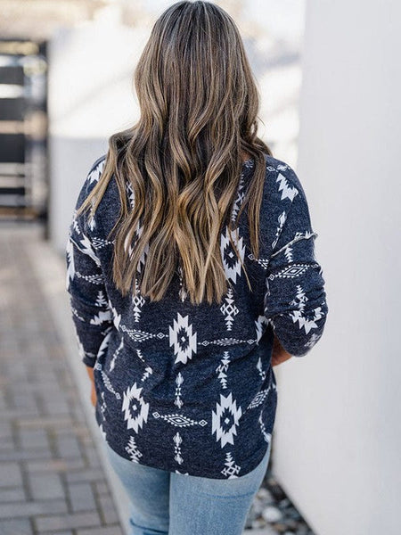Printed Slim V-Neck Buttoned Long Sleeve Blouse