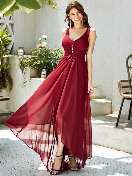 Women's V-Neck High-Low Chiffon Evening Party Dress