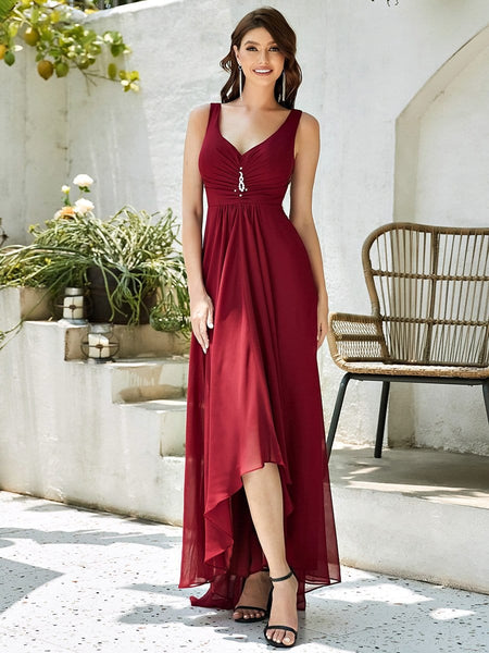 Women's V-Neck High-Low Chiffon Evening Party Dress