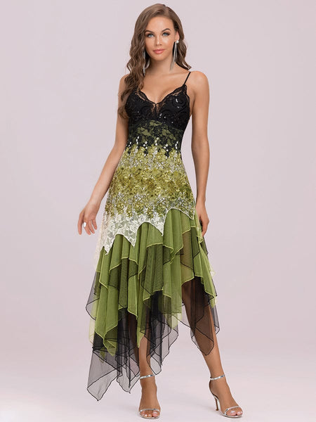 Women's Sequin Swirl Lace V-Neck Midi Cocktail Dress