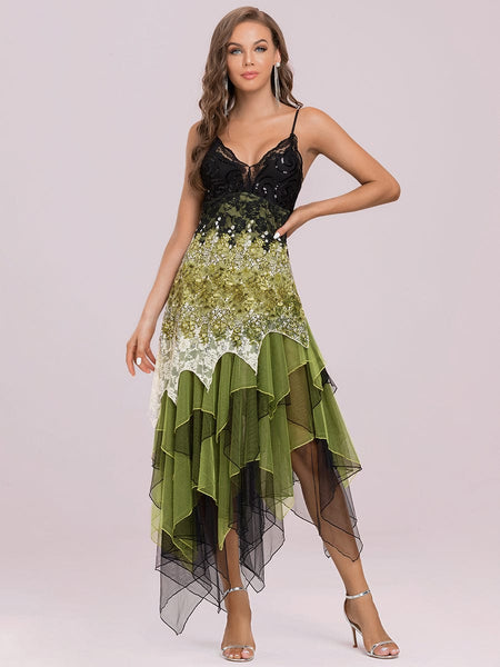 Women's Embroidered Lace Irregular Hem Midi Cocktail Dress