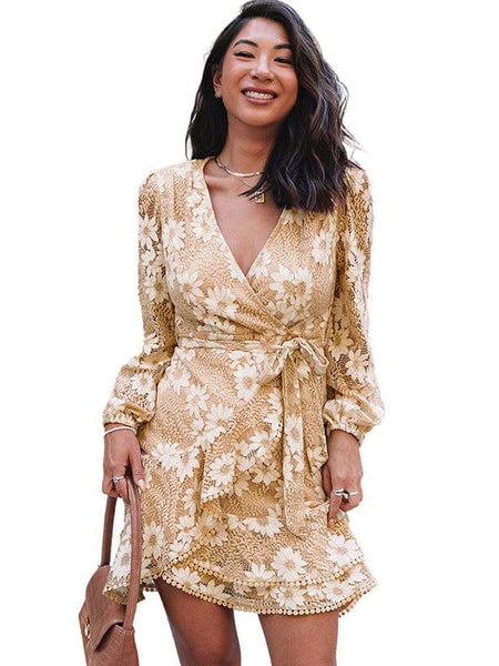 Women's V-Neck Lace Patchwork Waist Strap Short Dress For Women