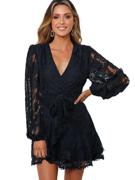 Women's V-Neck Lace Patchwork Waist Strap Short Dress For Women