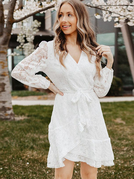 Women's V-Neck Lace Patchwork Waist Strap Short Dress For Women