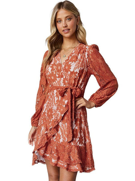 Women's V-Neck Lace Patchwork Waist Strap Short Dress For Women