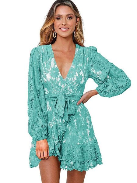 Women's V-Neck Lace Patchwork Waist Strap Short Dress For Women