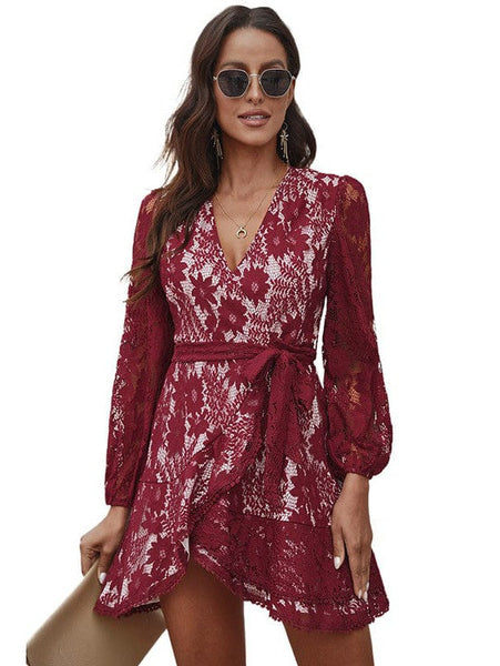 Women's V-Neck Lace Patchwork Waist Strap Short Dress For Women