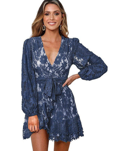 Women's V-Neck Lace Patchwork Waist Strap Short Dress For Women