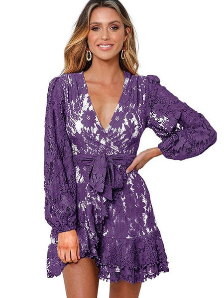 Women's V-Neck Lace Patchwork Waist Strap Short Dress For Women