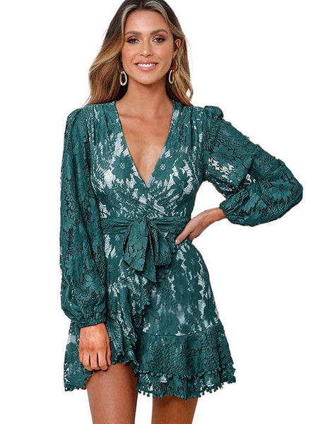 Women's V-Neck Lace Patchwork Waist Strap Short Dress For Women