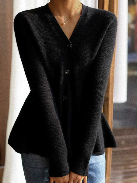 Women's V-Neck Ribbed Knit Peplum Button-Down Cardigan made for easy styling and wardrobe coordination, with premium-like structure and finish.