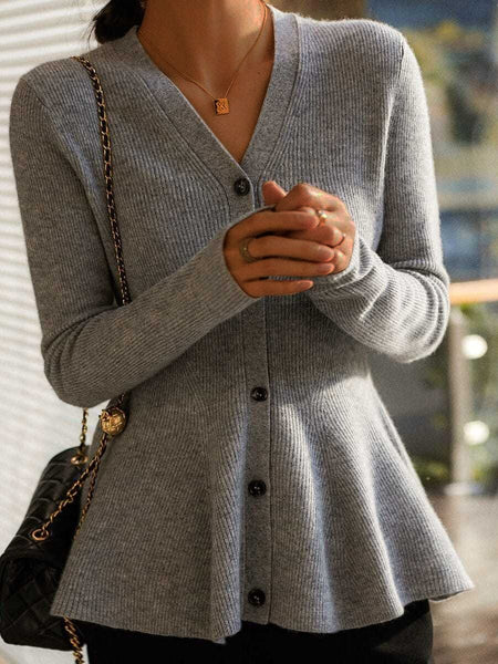 Women's V-Neck Ribbed Knit Peplum Button-Down Cardigan made for easy styling and wardrobe coordination, with premium-like structure and finish.