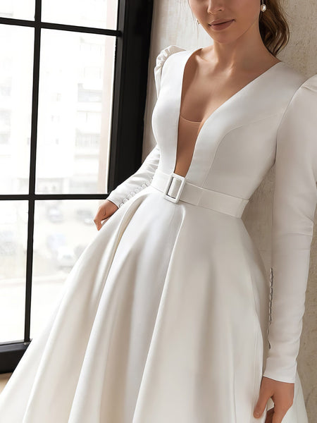 V-Neck Long Sleeve Swing Dress