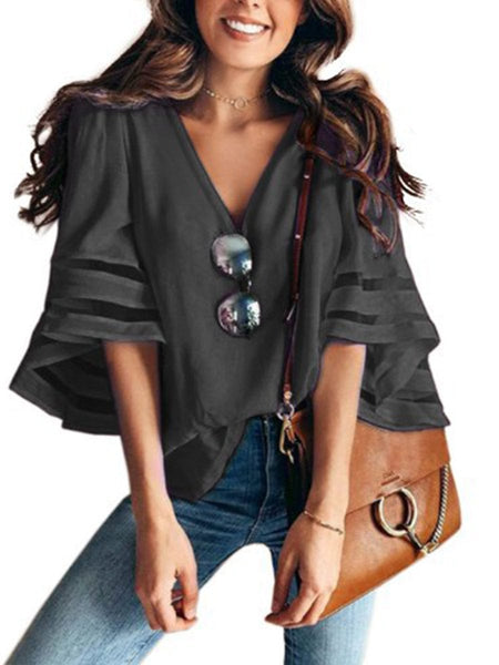 V-Neck Mesh Flare Sleeve Chiffon Loose Blouse