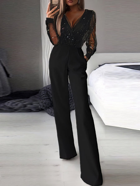 Women's Mesh Sequin V-Neck Wide Leg Jumpsuit in Midnight Black