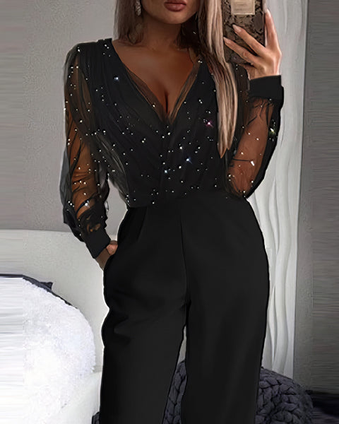 Women's Mesh Sequin V-Neck Wide Leg Jumpsuit in Midnight Black