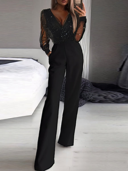 Women's Mesh Sequin V-Neck Wide Leg Jumpsuit in Midnight Black
