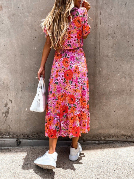 V-neck Print Split Long Dress
