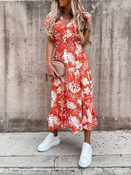 V-neck Print Split Long Dress